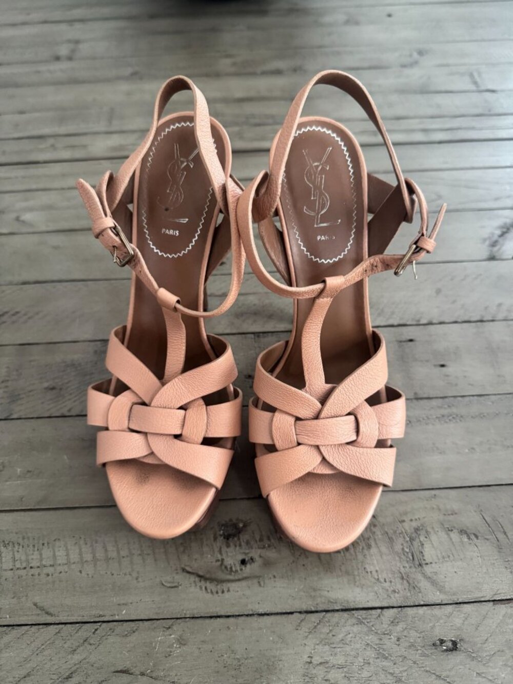 YSL Saint Laurent Beige Leather Tribute Platform Wood Heel Sandals Pumps 39 - Picture 5 of 8